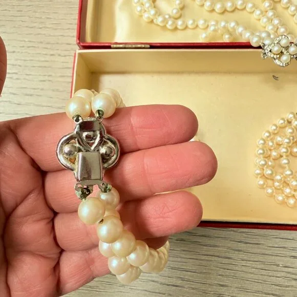 Vintage Double Strand Faux Pearl Necklaces with Rhinestone Clasp - Picture 9 of 11